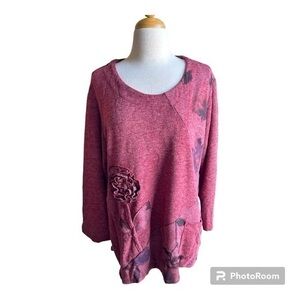 Transparente wool blend burgundy rosette asymmetrical lagenlook sweater OS
